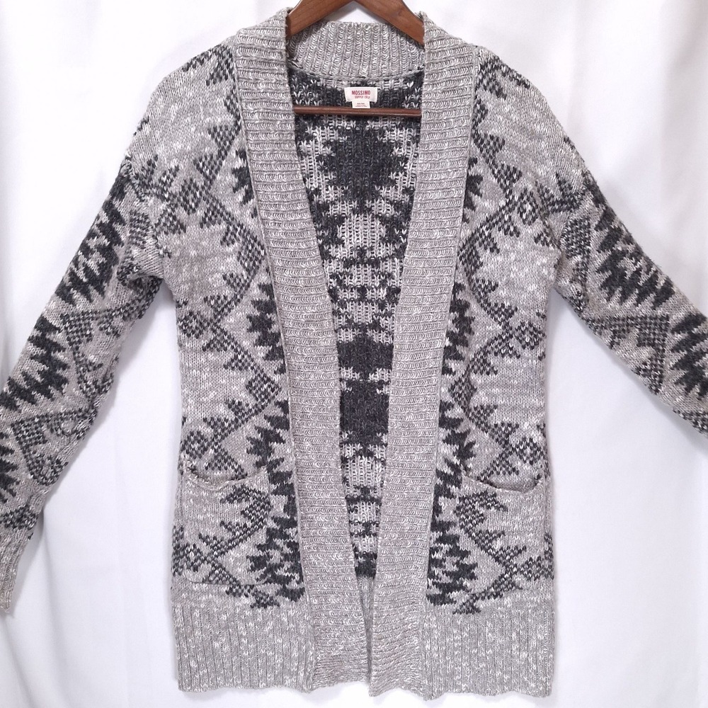Mossimo Geometric Fair Isle Cardigan Sweater Women M Open Front Knit Gray Boho - Picture 6 of 11